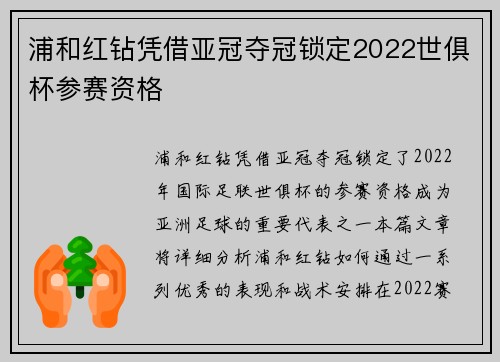 浦和红钻凭借亚冠夺冠锁定2022世俱杯参赛资格